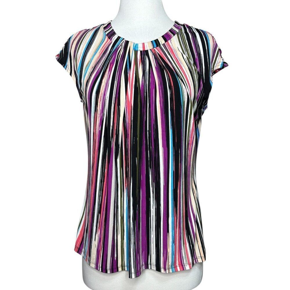Worthington Multi Color Striped Blouse Cap Sleeve Size Medium Womens
